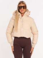 Beige thick winter jacket with hood and Peach Pump embroidery on the front