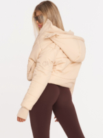 Beige sporty puffer women’s jacket with hood and shoulder embroidery