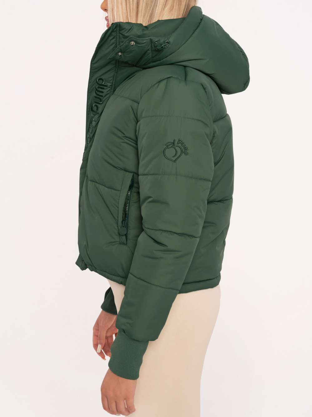 Women’s green thick winter jacket with hood and Peach Pump shoulder embroidery