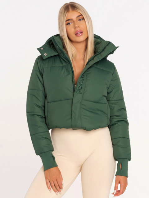 Green thick winter jacket with hood and Peach Pump embroidery<br>