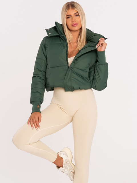 Sporty thick winter jacket with hood in green with Peach Pump embroidery
