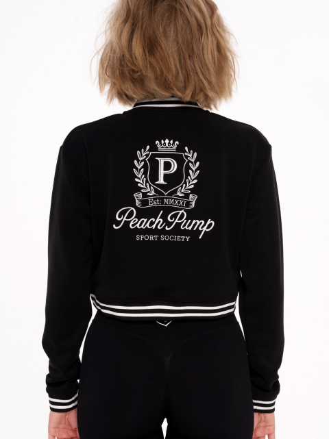 Късо черно спортно яке с бродерия Peach Pump на гърба