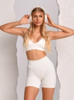 Cloud White Sports Bra and Biker Shorts Set with Adjustable Back Strap and Sculpting Ribbed Waistband