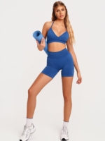 Women's Shaping Blue Gym Shorts with a high waist and seamless fabric.