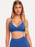 Blue sports bra with a V-neckline that combines style and functionality.