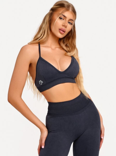 Black sports bra with a V-neckline that combines style and functionality.