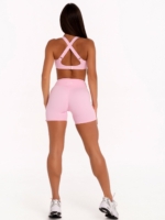 Дамски Biker Shorts в розово с висока талия и контрастни бели странични ленти.