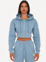 Women's light blue cropped hoodie with a waist-accentuating fit.