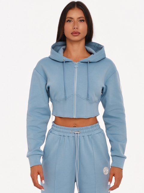 Women's light blue cropped hoodie with a waist-accentuating fit.
