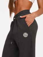 Women's graphite black joggers with side pockets and Peach Pump logo.