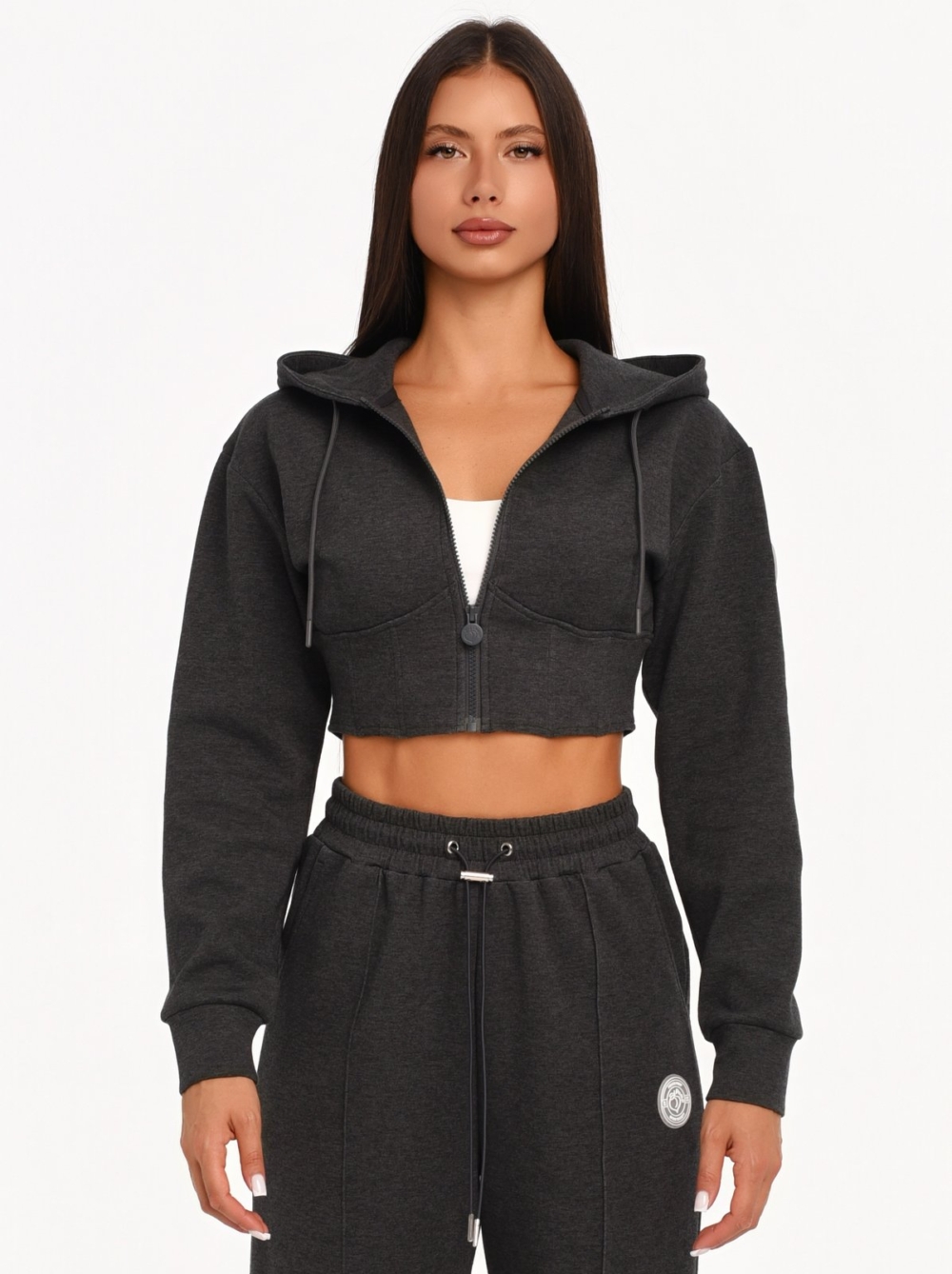 Graphite black hoodie with a large hood and waist-accentuating cropped fit.