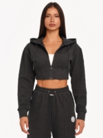 Graphite black hoodie with a large hood and waist-accentuating cropped fit.