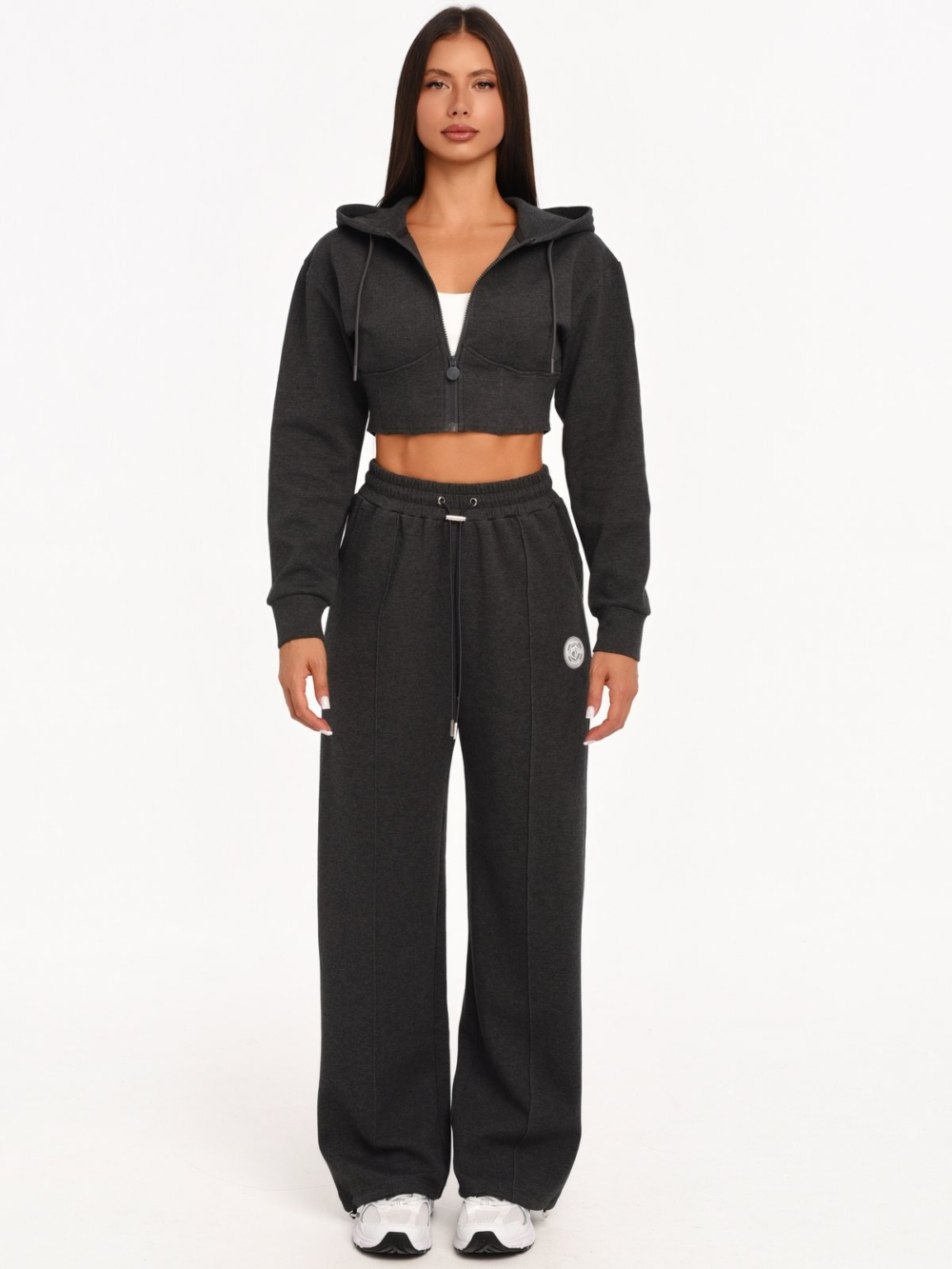 Women's graphite black hoodie with a modern cropped fit.