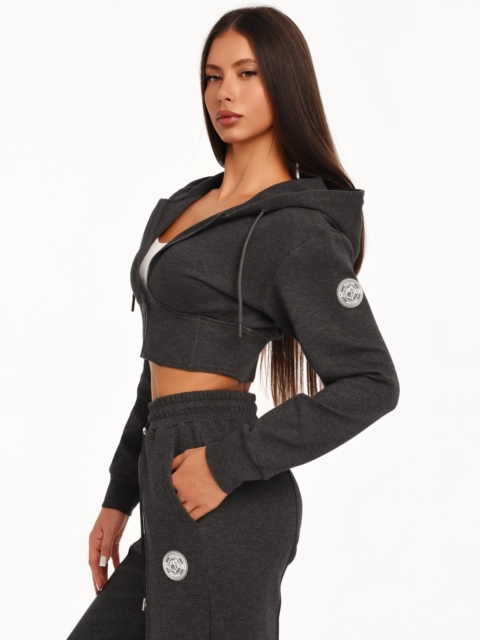 Modern graphite black hoodie for workouts and everyday wear.