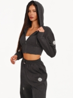 Graphite black gym set with corset-inspired hoodie and wide leg joggers.
