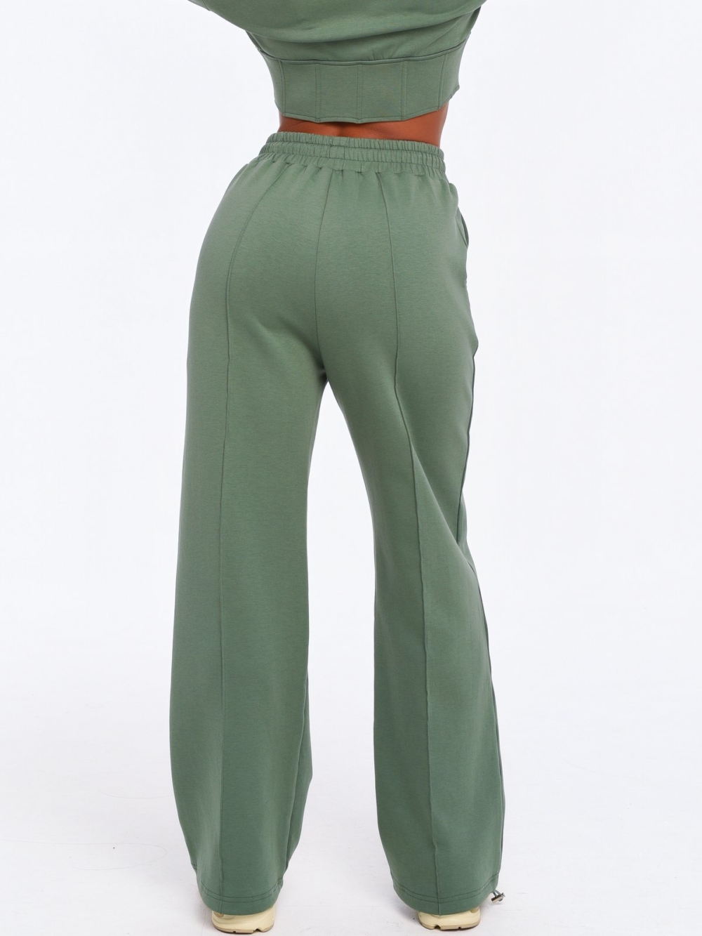 Green Wide Leg joggers with adjustable drawcords at the bottom of the legs.