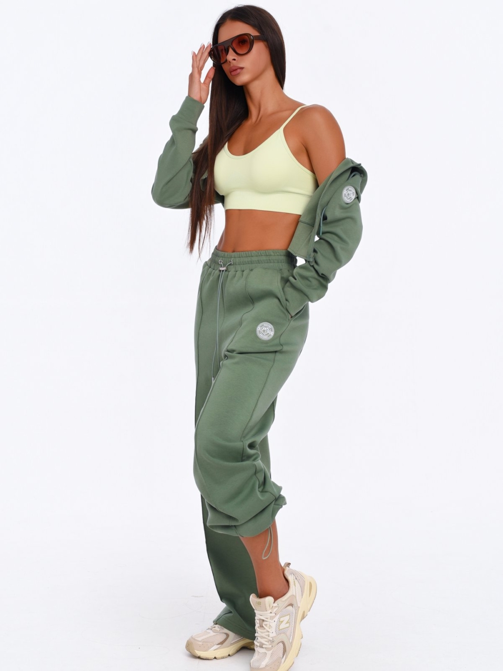 Green Wide Leg joggers by Peach Pump with a feminine sporty look.