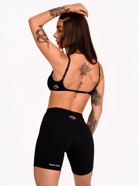 Black Peach Pump short gym leggings made from thick, soft, and opaque fabric.