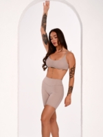 Women's Beige Short Gym Leggings with a Shaping Mid-Rise Waist.