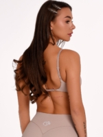 Peach Pump Beige Bra with Distinctive Lettering on the Thin Straps.