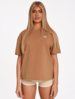 Women's brown cotton T-shirt with a deadlift illustration.