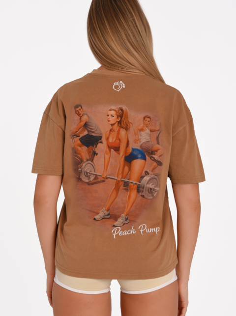 Model pentru femei: tricou lung pentru fitness maro cu imprimeu „Deadlift“ Peach Pump.
