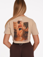 Tricou crop bej pentru fitness cu imprimeul exclusiv „Jump“.