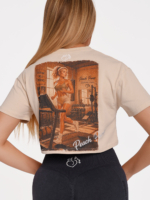 Cream Workout Crop T-Shirt with Peach Pump Print.