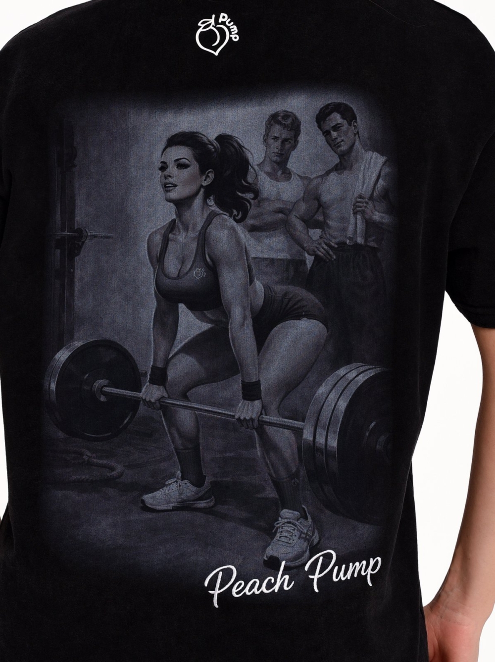 Black gym T-shirt with a raised rubberized logo and relaxed fit.
