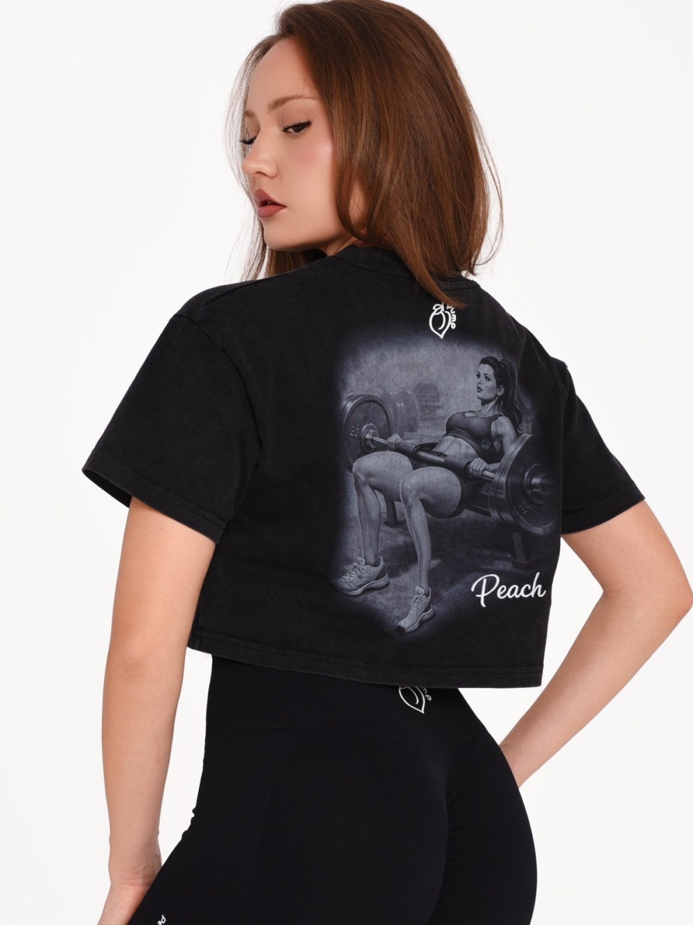 Women's gym T-shirt with a large monochrome Peach Pump print on the back.